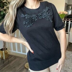 NWT Cable & Gauge Black Short Sleeve Bow Embellished Knit Top Holiday Party S